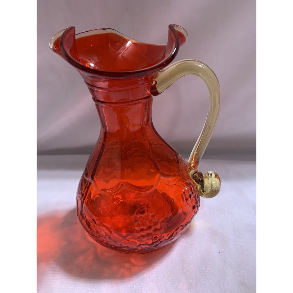 Pretty Hand Blown Orange Yellow Amberina Pitcher Unknown Maker Grapes Leaves